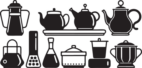 Vector set of different brown ceramic kitchen utensils for hot tea, coffee, and other drinks, isolated on white