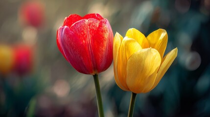 Fototapeta premium Close-up of two tulips in bloom with delicate yellow petals highlighted against blurred natural background, detailed macro capturing spring garden beauty