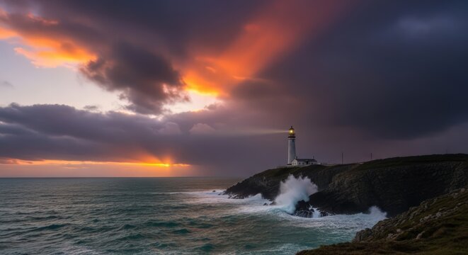 Dramatic Sunset Over the Ocean with Lighthouse and Crashing Waves, Ynys Llanddwyn, Anglesey, Wales, UK - Powered by Adobe