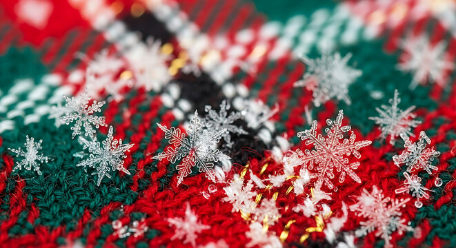 Festive Flakes Delicate Snowflakes Gently Falling on a Cozy Plaid Textile with Soft Bokeh Lights Creating a Warm Winter Holiday Atmosphere