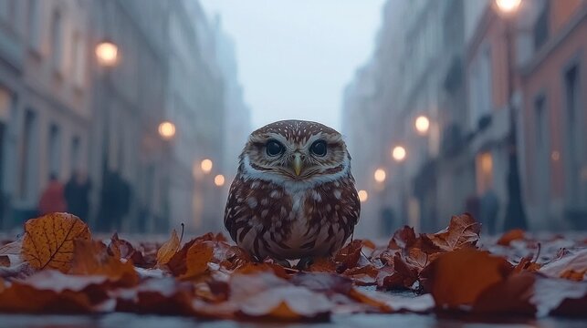Cute owl sitting on autumn leaves in a street