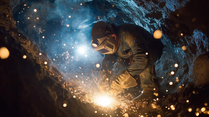A miner wearing a welding mask, focused on the bright arc of a welding torch in a dark, dusty mine shaft, sparks flying, hard hat with headlamp, detailed PPE, full HD, professional stock photography.