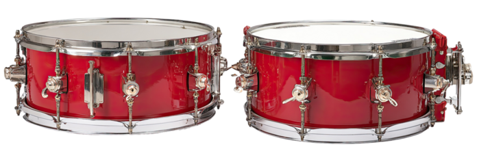 Two bright red snare drums