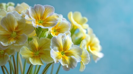 Fototapeta premium Macro of primrose flowers in soft daylight with yellow petals and blurred blue background, detailed close-up showcasing natural floral textures and beauty