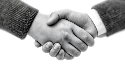 Two hands clasped in a handshake with textured tweed jacket and white shirt sleeve on white