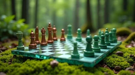 Chess Game on Moss in Forest Setting