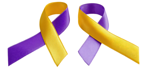 Two awareness ribbons, purple and gold, in a symbolic representation