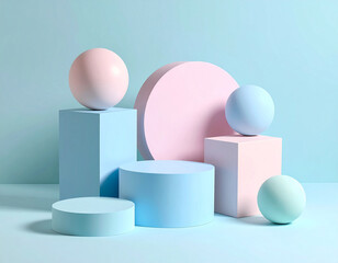 abstract pastel geometric shapes with soft shadows, minimal clean background, bright and modern stock photo style, high resolution, copy space for design use