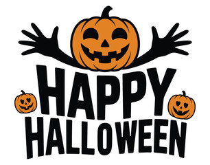 Happy Halloween greeting with smiling pumpkins and spooky hands for festive party invitations.

