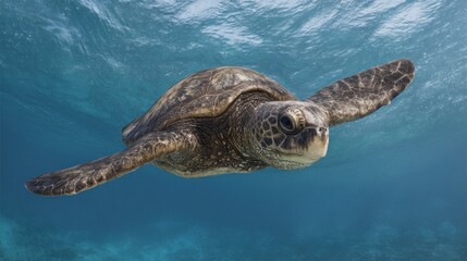 Obraz premium Elegant sea turtle gracefully swimming through crystal clear ocean waters
