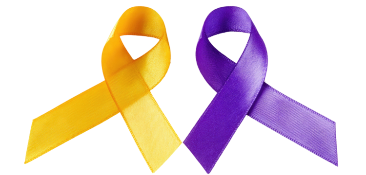 Two awareness ribbons, yellow and purple, on a black background