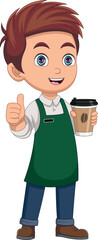 Barista boy holding coffee and giving thumbs up