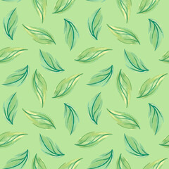 Seamless green leaf pattern background. Foliage, leaves endless backdrop. Hand drawn floral watercolor repeating illustration for textile, wrapping, wallpaper, fabric, paper, cover, decor, fashion