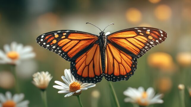 Monarch butterfly resting on white daisy flower in natural sunlight, showcasing its orange wings with black veins and spots in a detailed insect macro - Powered by Adobe