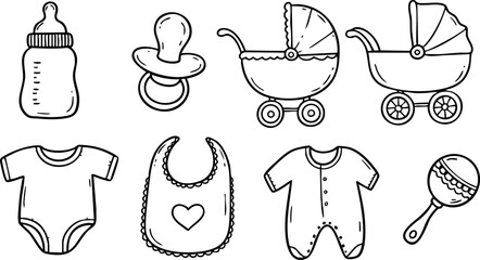 Fototapeta premium Baby accessories set with bottle pacifier stroller bib and clothing vector illustration 