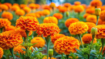 Vibrant orange marigold flowers in a lush green garden bed