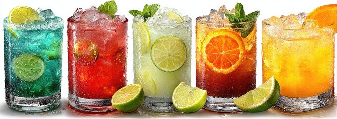 Colorful drinks with fruit garnishes