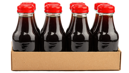 A cardboard box holds twelve small, clear glass bottles.  Each bottle contains a dark brown liquid and features a red plastic cap