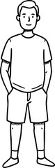 Young man standing hands in pockets casual clothing black and white outline vector illustration 