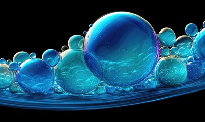 Fluid, translucent, blue orbs on black background