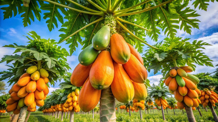 Papaya trees with ripe and unripe fruit in a lush green field