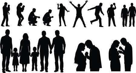 PrintSilhouette vector illustration of people in various poses and group interactions, depicting family, couples, conversation, walking, and human connection concepts