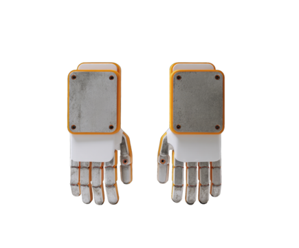 Two robotic hands, grey and white, with orange accents