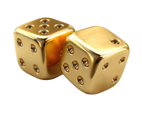 Two golden dice, close-up