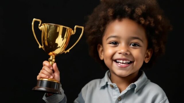 Happy child holding golden trophy smiling with pride and celebrating achievement against dark background.