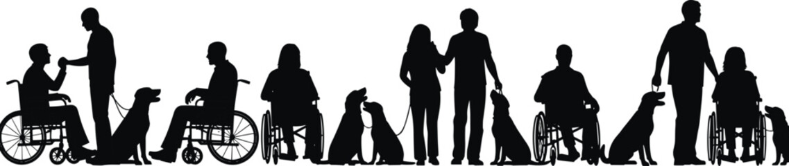PrintSilhouette vector of people with service dogs, including wheelchair users and standing figures, symbolizing support, assistance, companionship, and disability inclusion awareness