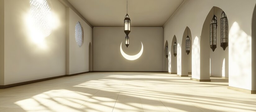 Empty mosque prayer hall with crescent moon, sunlight streaming in