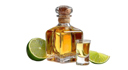 Golden tequila in decanter and shot glass, beside limes