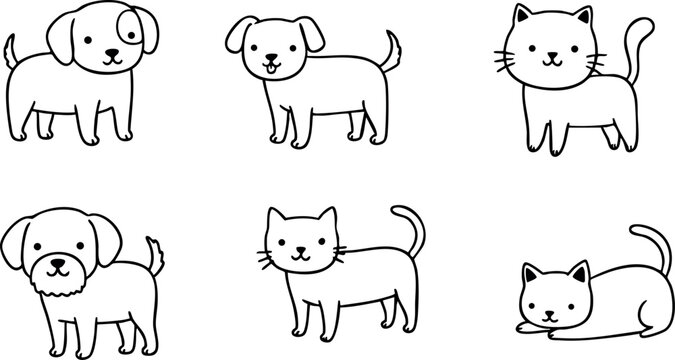 Cute dog and cat cartoon line art vector illustrations in simple style 