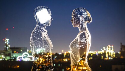 Two figures, one male and one female, with digital circuitry overlayed on their heads, stand side-by-side against a nighttime city skyline.