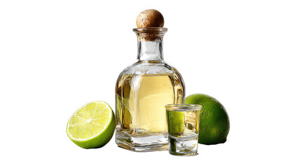 Clear glass tequila bottle and shot glass with limes
