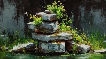 Obraz premium Stacked stones, overgrown with greenery, near a wall