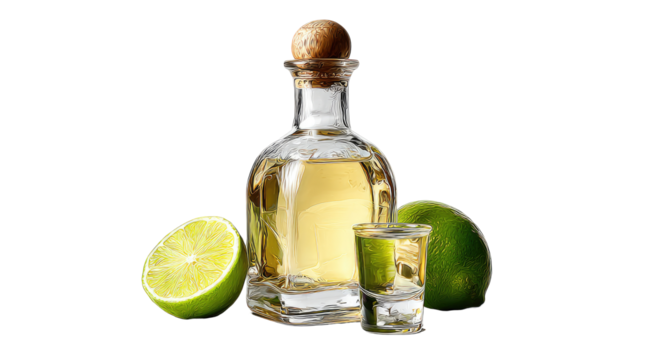 Clear glass tequila bottle and shot glass with limes