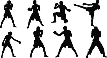 PriSilhouettes of martial artists in diverse boxing and kicking poses, showcasing combat techniques, athletic movement, strength, training, and fighting stancesnt