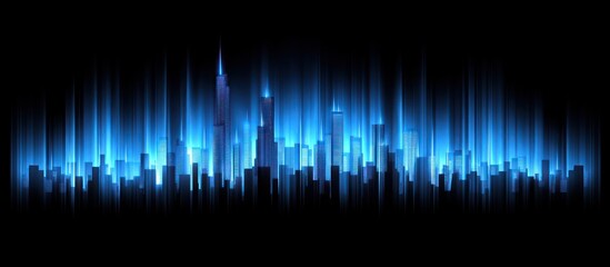 Night city skyline, blue neon glow, dark background