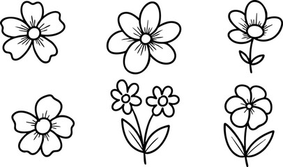 Simple hand-drawn flower line art vector collection with leaves and stems 
