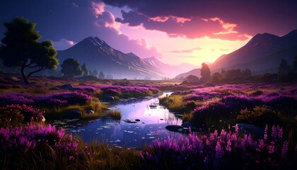 A tranquil mountain valley bathed in the warm glow of a sunset.