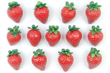Fresh Red Strawberries Arranged in Rows on a White Background, Studio Shot