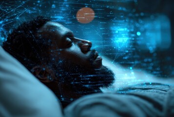 A person peacefully sleeping in a dark room with a serene expression, illuminated by soft blue light, conveying calmness and relaxation