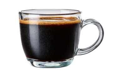 Steaming hot coffee in a clear glass mug, perfect morning energy boost