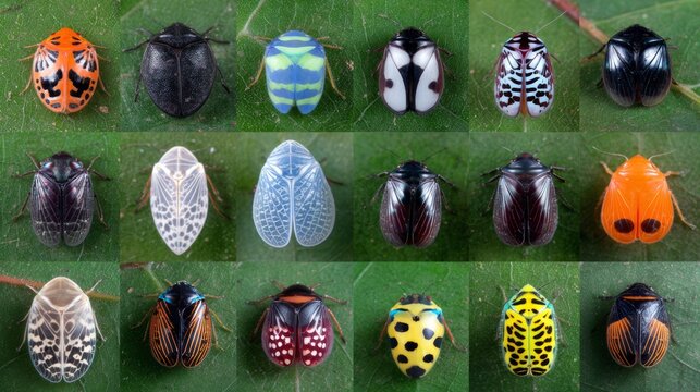 Fantastically shaped treehoppers with electrical charge visualizations surrounding their uniquely evolved bodies
