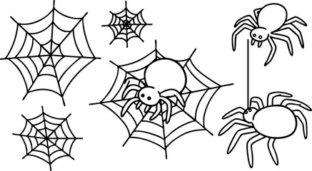 Spider with Webs Vector Illustration in Black and White Line Art Style 