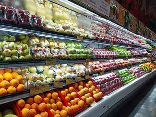 colorful display of fresh fruits like apples, oranges, and pears neatly arranged on refrigerated shelves in a bright, modern supermarket aisle.
