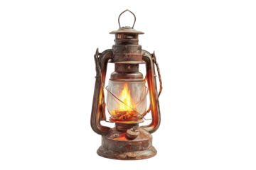 Old rusty oil lamp with a warm orange flame