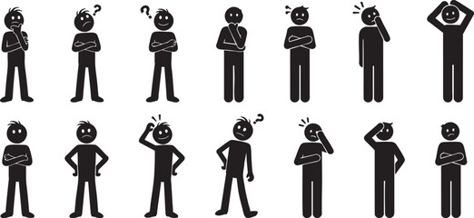 Thinking and Confused Stick Figure Vector Set. People with Question Marks.