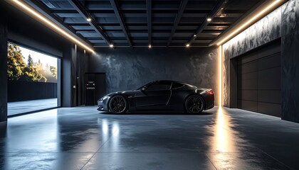 A modern, sleek garage, showcasing a dark-colored sports car, bathed in ambient light, with a dramatic lighting effect leading to a garage door.